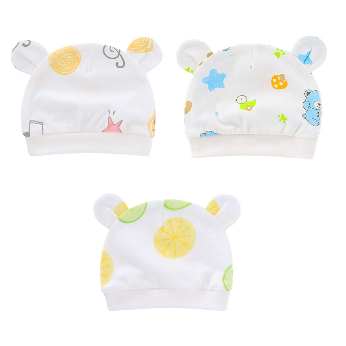 Syga Pack Of 3 Newborn Baby Cap Knitted Cotton Cartoon Printing Double Ear Hat For 03 Months Multicolour 0-3