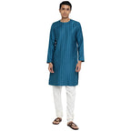 Fabindia Men Viscose Silk Pintucks Long Kurta Teal_S