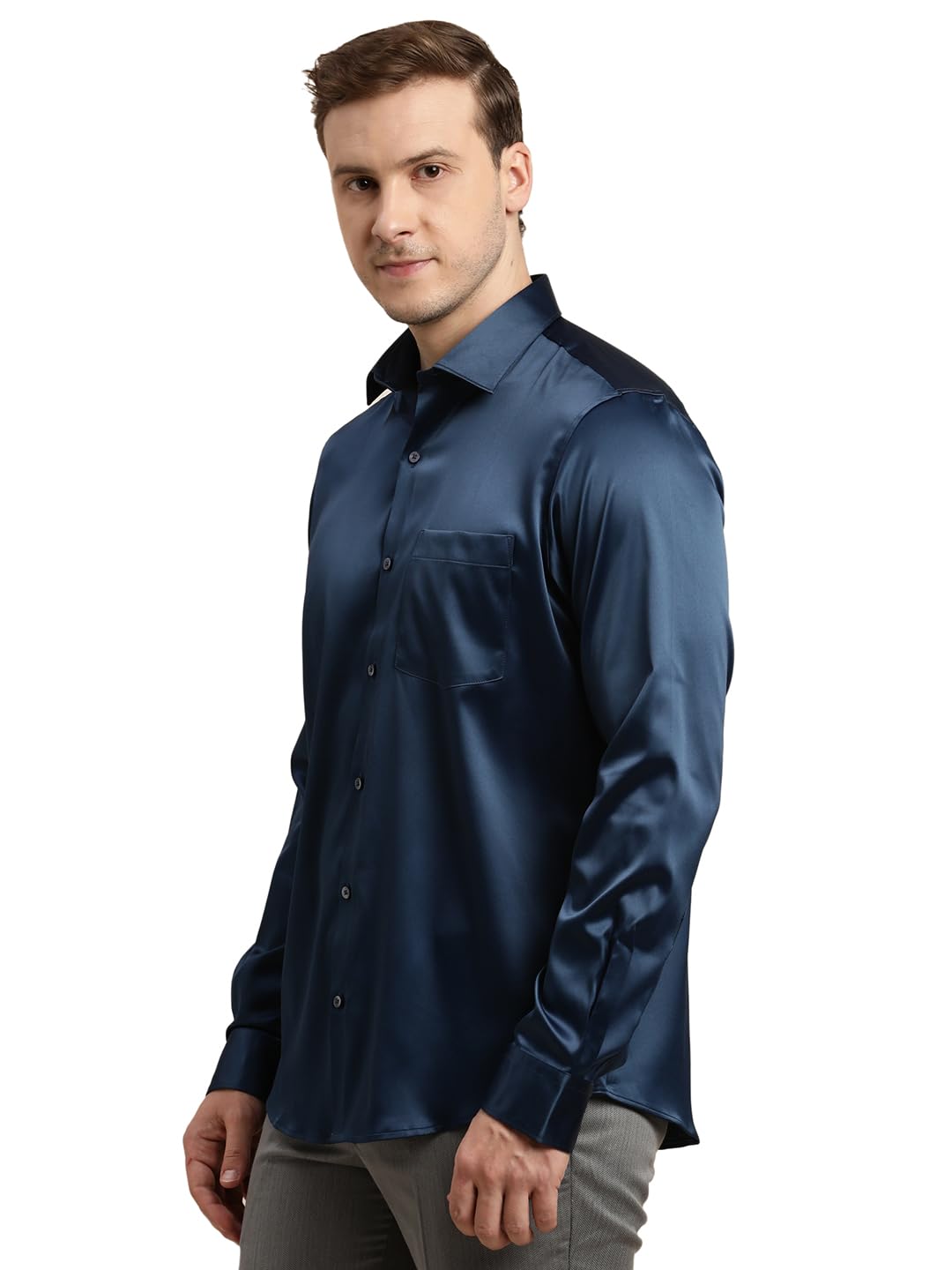 Turtle Men Poly Satin Blue Solid Slim Fit Full Sleeve Ceremonial Shirt