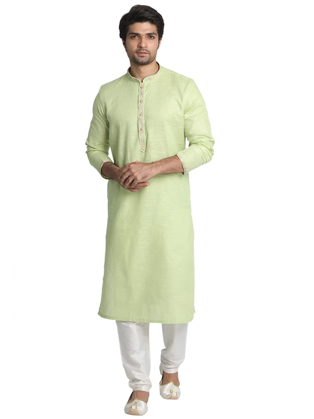 Manyavar Selfdesign Knee Long Kurta And Churidar Set For Men - (Green, X-Large)