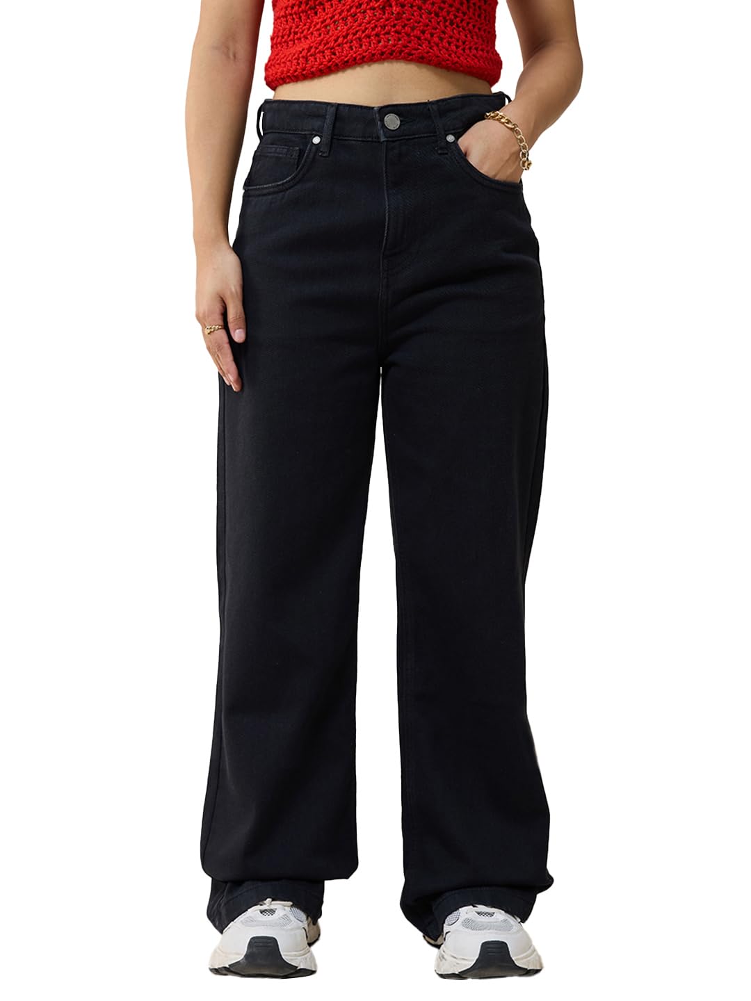 Bewakoof Womens Solid Straight Fit Cotton Baggy Jeans_625162_Black_26