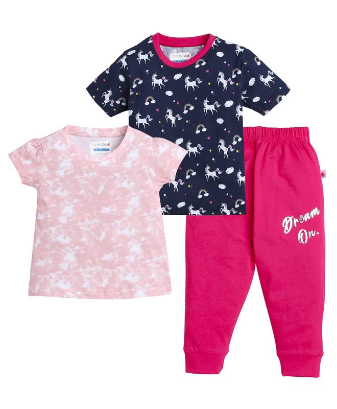 BUMZEE Navy & Peach Girls Half Sleeves T-Shirt Pyjama Combo Set Pack of 3 Age - 6-12 Months (Peb8004C-nbl.PCH)