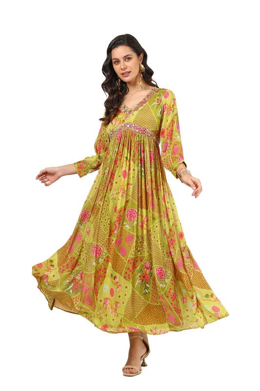 Soch Women Chinon Floral Print Dress with Mirror Work