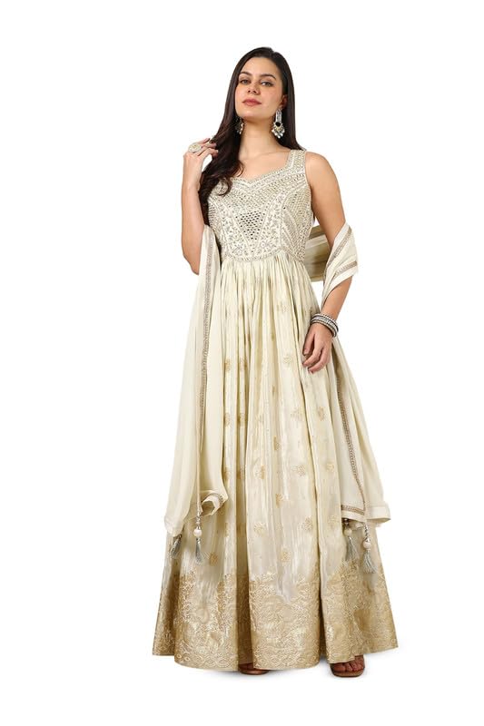 Soch Women Silk Blend Woven Design Gown with Mirror Work