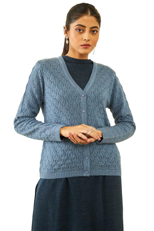 Soch Women Acrylic Patterned Knit V-Neck Cardigan with Ribbed Hems