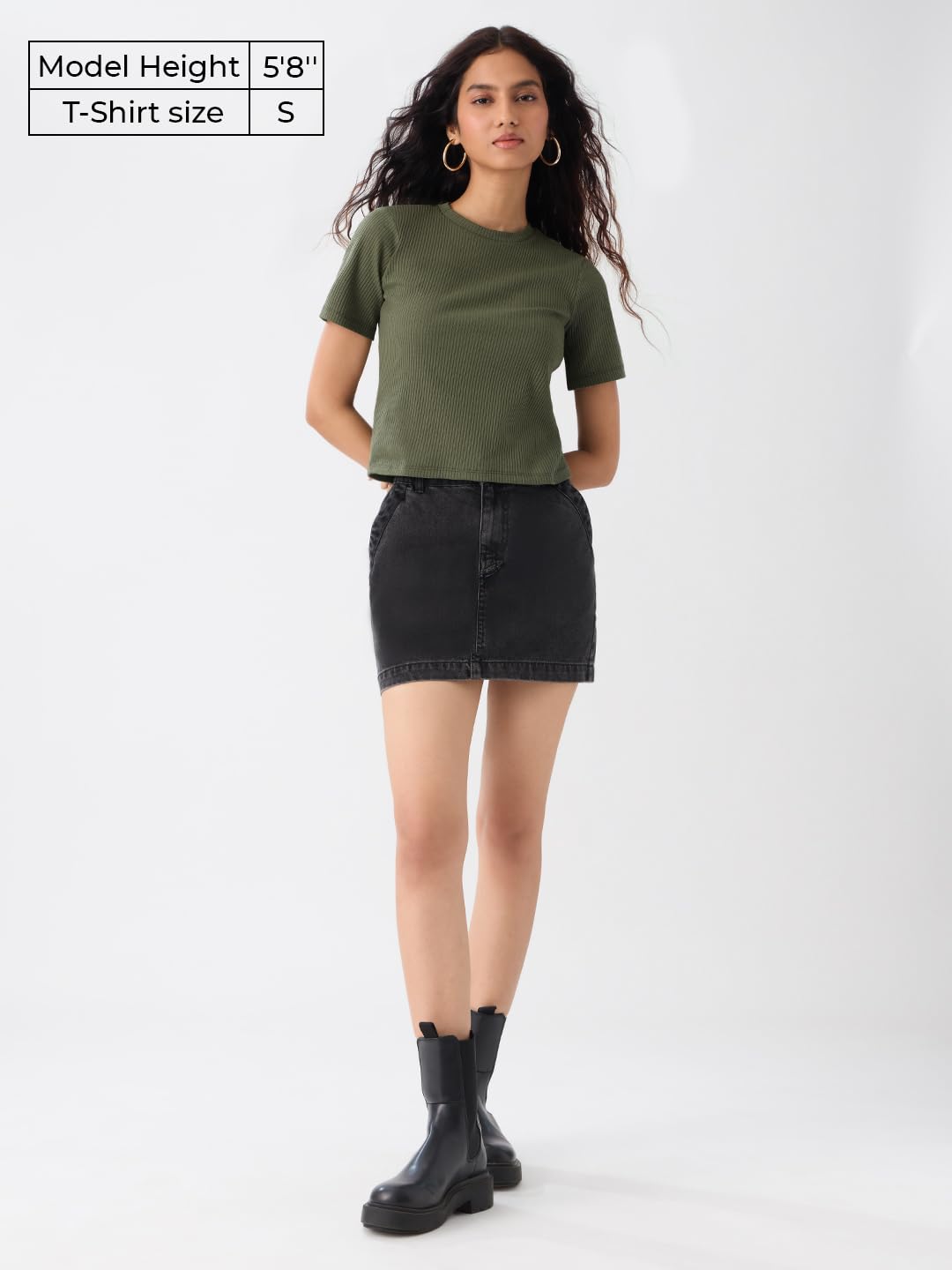 The Souled Store Ribbed T-Shirt: Olive Women and Girls Short Sleeves Round Neck Polyester Blend Regular Fit T-Shirts
