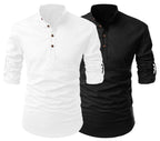 Finivo Fashion Combo Of MenS Cotton Blend Solid Full Sleeve Short Kurta White - Black