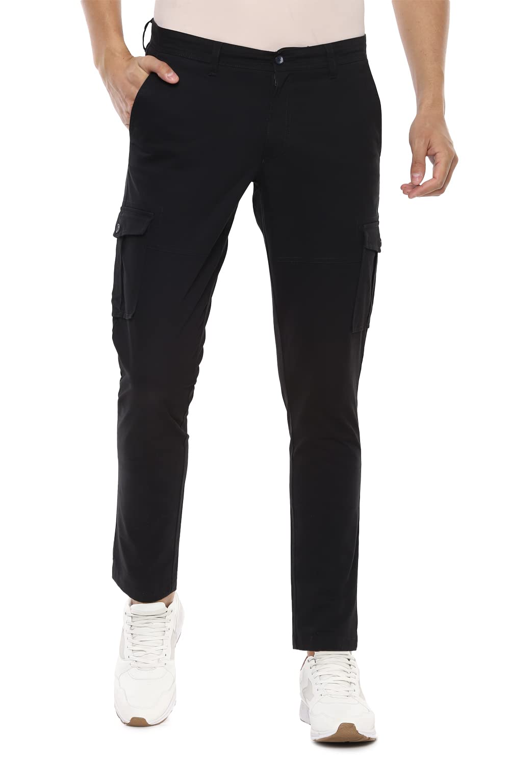 Men Black Slim Fit Solid Flat Front Casual Cargos