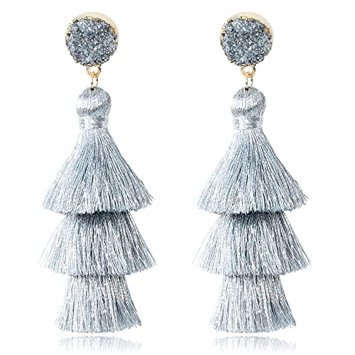 Me&Hz Layered Silver Tassel Earrings for Women Dangling parkling Long Statement Metallic Silver Fringe Earrings Bohemian Birthda