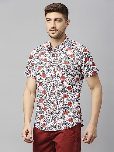 Thomas Scott Mens Printed Slim Fit 100% Cotton Casual Shirt with Spread Collar and Half Sleeve