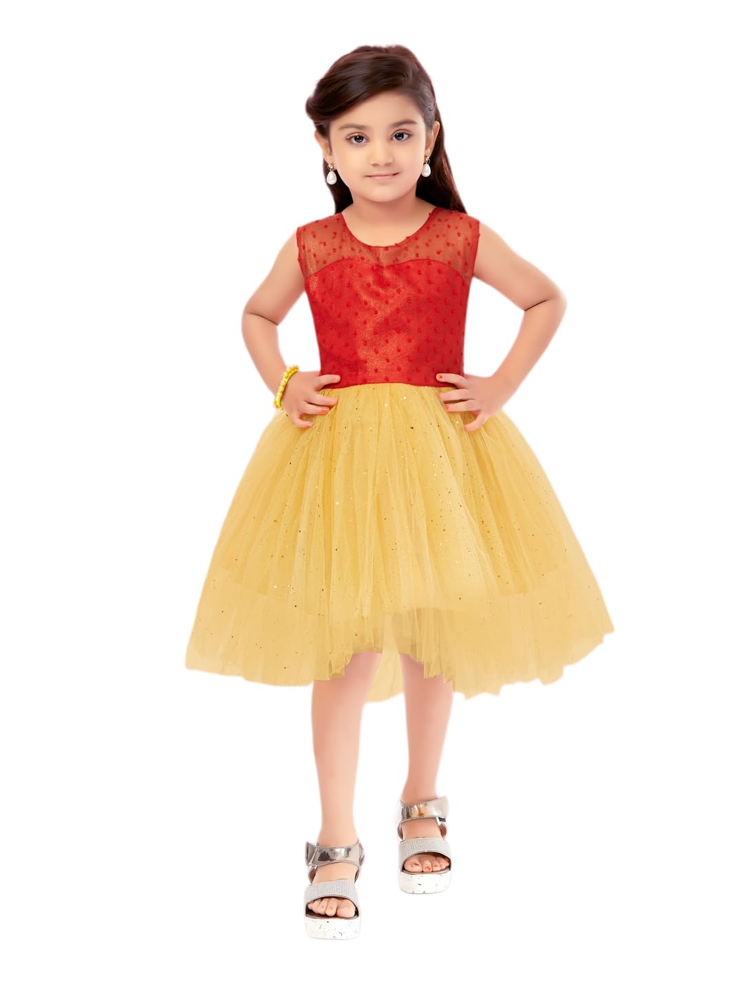 Aarika Girls Net Fit and Flare Knee-Length Dress (SP-FK-3005_Red-Fawn