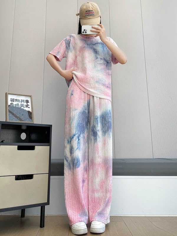 Womens Cotton Blend Tie-dye Relaxed Fit Stylish Pajama Sets || Short Sleeve Top & Long Pant Sleepwear Pjs Lounge Set Co-ords Ou