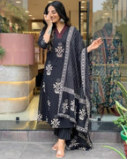 ANNI DESIGNER Womens Rayon Blend Straight Printed Kurta with Pant & Dupatta (Jimny Black_S_Black_Small)