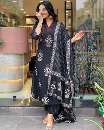 ANNI DESIGNER Womens Rayon Blend Straight Printed Kurta with Pant & Dupatta (Jimny Black_S_Black_Small)