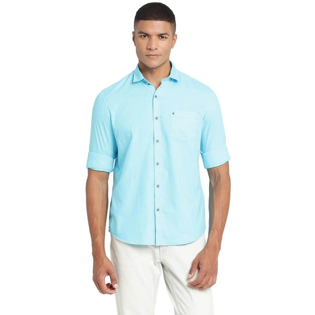 Turtle Men Sky Blue Cotton Solid Slim Fit Casual Shirts