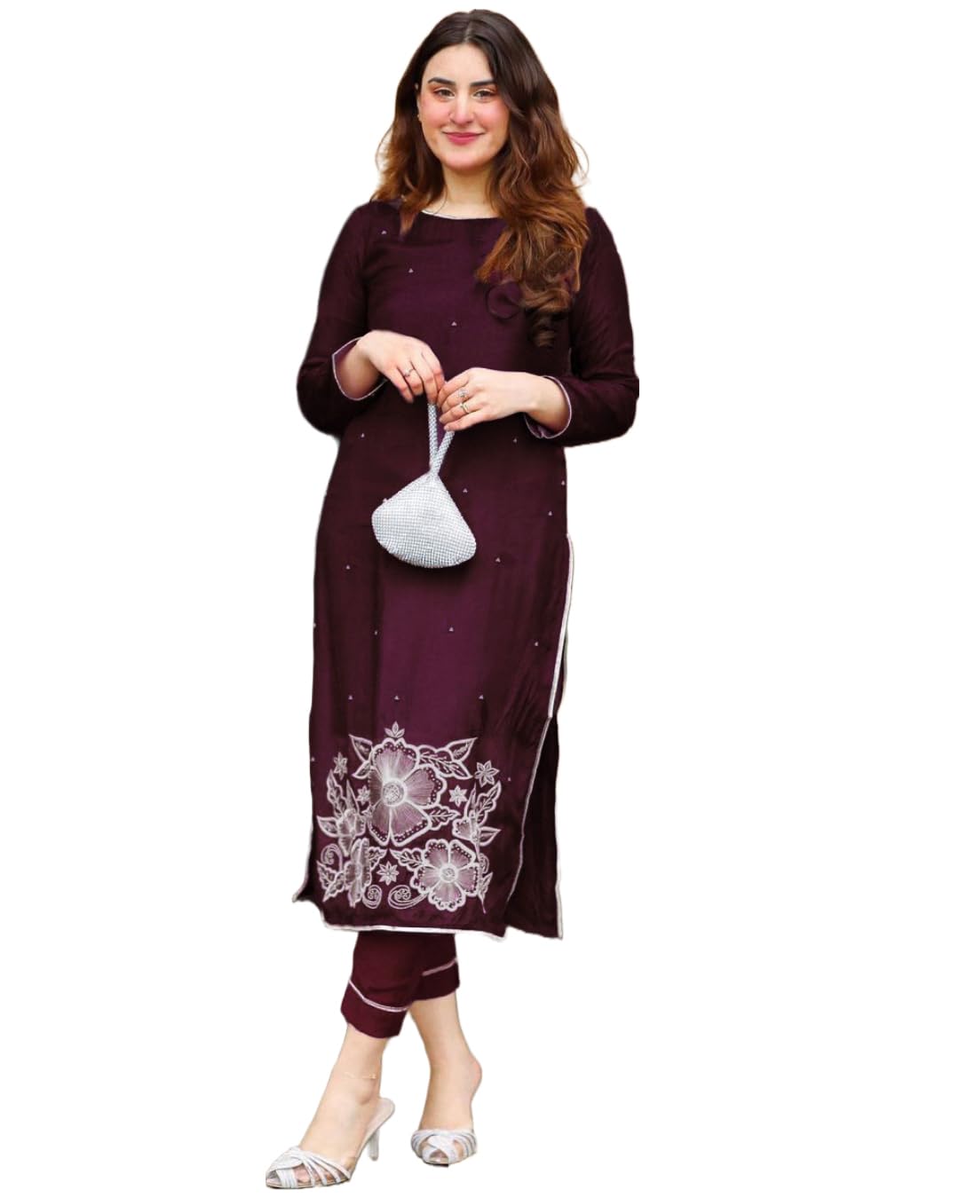 ANNI DESIGNER Womens Rayon Straight Embroidered Kurta with Pant Set (Pital-Wine_M_Wine_Medium)
