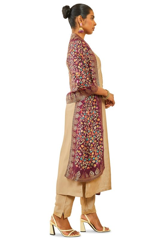 Soch Womens Beige Silk Blend Zari Embroidered Suit Set With Contrast Dupatta
