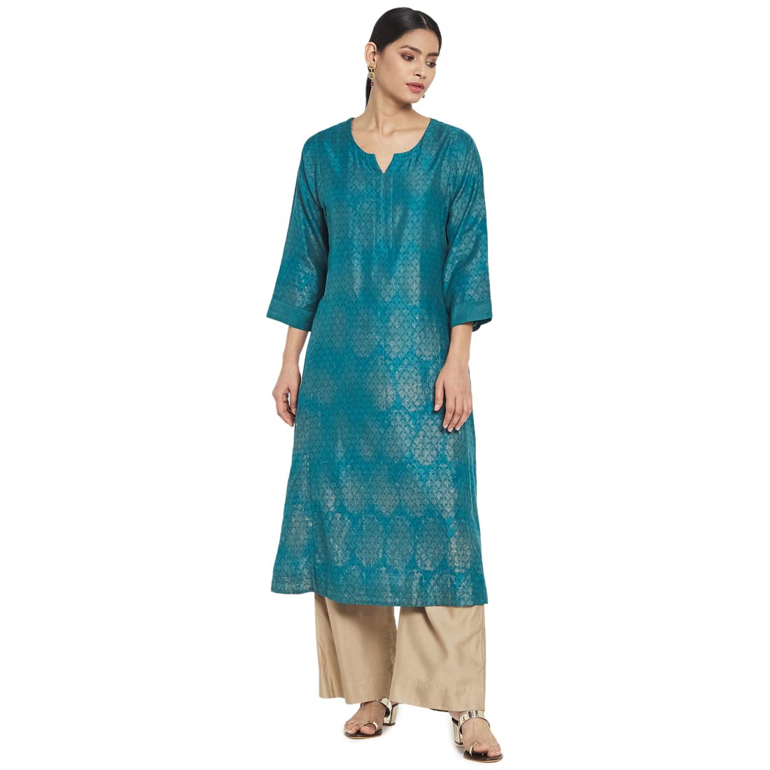 Fabindia Women Cotton Silk Hand Block Print Long Kurta Teal_Xxl