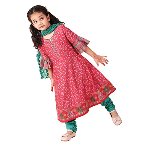 Fabindia Girl'S Cotton Silk Printed Regular Kurta Set (1028676Magenta_Magenta
