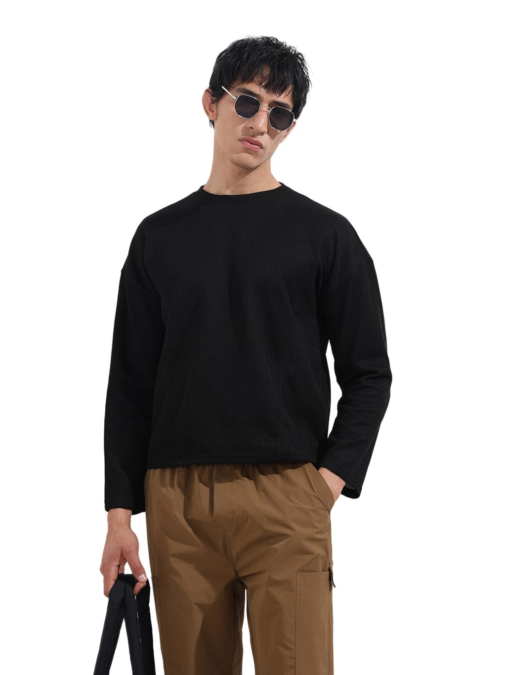 The Indian Garage Co Mens Boxy Textured Full Sleeves Crew Neck T-Shirt