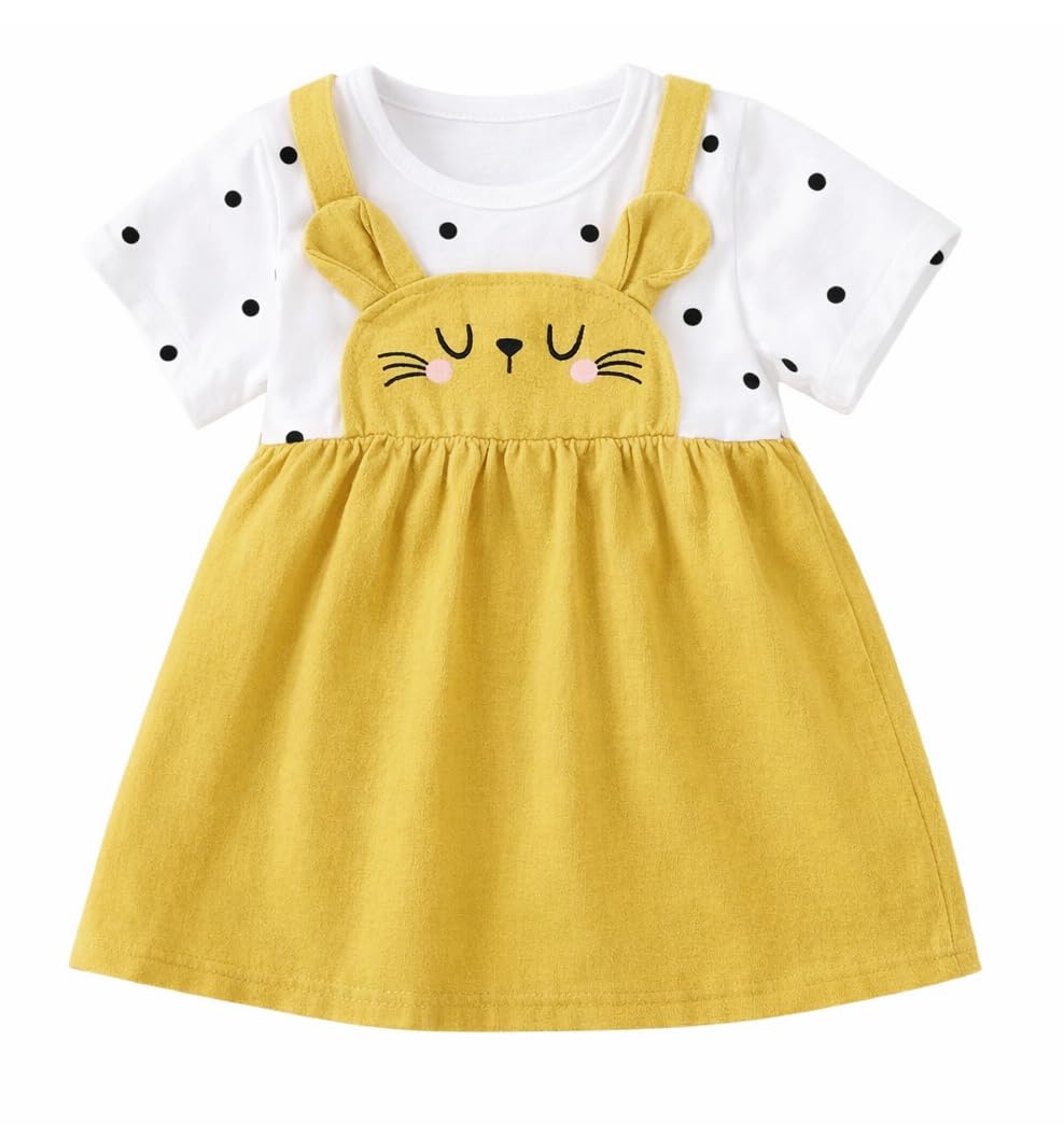Bold N Elegant Polka Dot Print Cartoon Bunny Summer Cotton Tunic Pinafore Pinny Mini Dress Frock For Infant Toddler Baby Girls ( 18-24