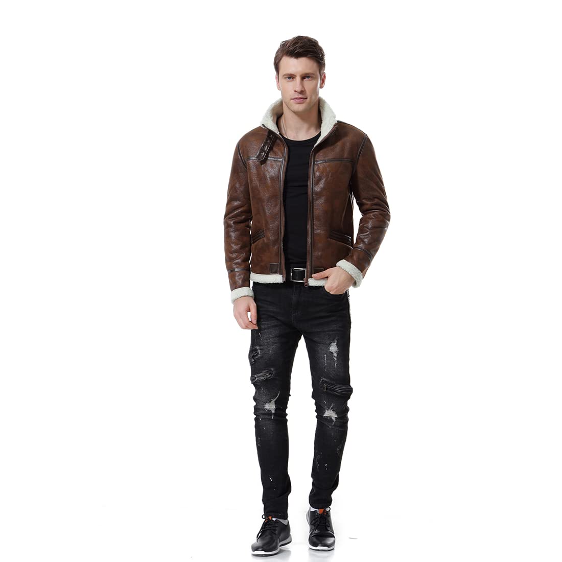 AOWOFS Men's Faux Leather Jacket Brown Motorcycle Bomber Shearling Suede Stand Collar