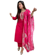 ANNI DESIGNER Womens Rayon Blend Straight Embroidered Kurta with Pant & Dupatta (Hafti Pink_L_Pink_Large)
