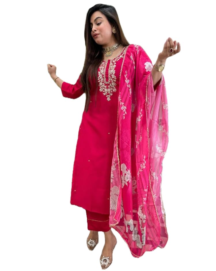 ANNI DESIGNER Womens Rayon Blend Straight Embroidered Kurta with Pant & Dupatta (Hafti Pink_S_Pink_Small)