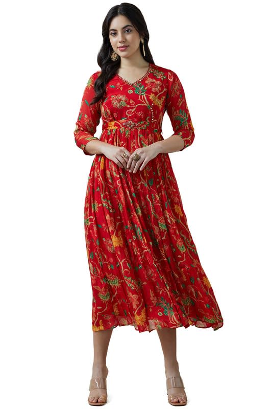 Soch Women Chinon Botanical Print Dress with Mirror and Cutdana