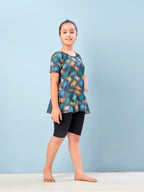 Aarika Girls Sports Wear Green-Black Colour Abstract Print Nylon Swim Suit (5-15 Years)-(SW-SHM-CA-1113)