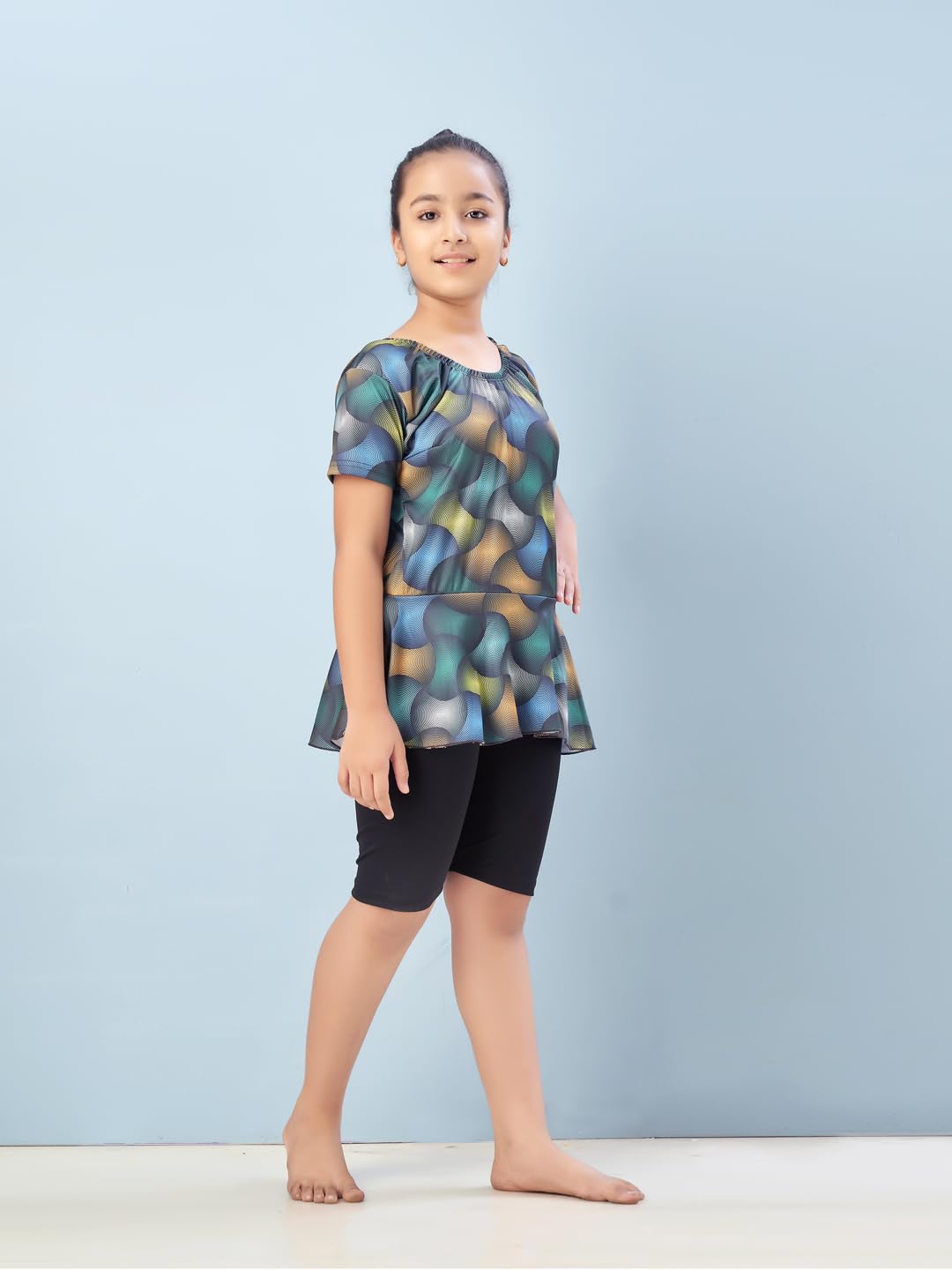 Aarika Girls Sports Wear Green-Black Colour Abstract Print Nylon Swim Suit (5-15 Years)-(SW-SHM-CA-1113)