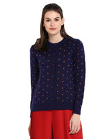 Modeve Polka Dot Round Neck Casual Women Navy Sweater||Winterwear||