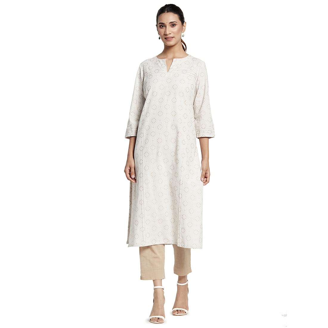 Fabindia Women Cotton Hand Block Print Long Kurta Natural_Xxl