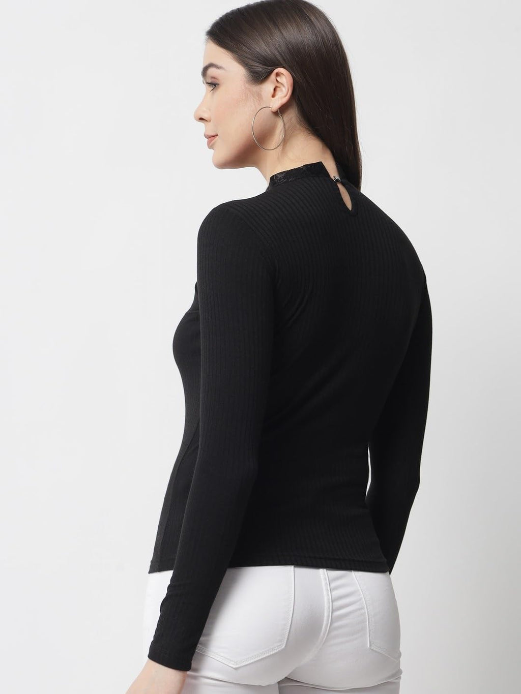 POPWINGS Women Casual Black Ribbed Net Top for Women || Turtle Neck Net Fabric Top for Women || Full Sleeves Tops for Women || L