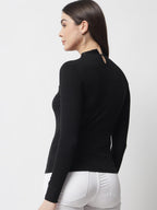 POPWINGS Women Casual Black Ribbed Net Top for Women || Turtle Neck Net Fabric Top for Women || Full Sleeves Tops for Women || L