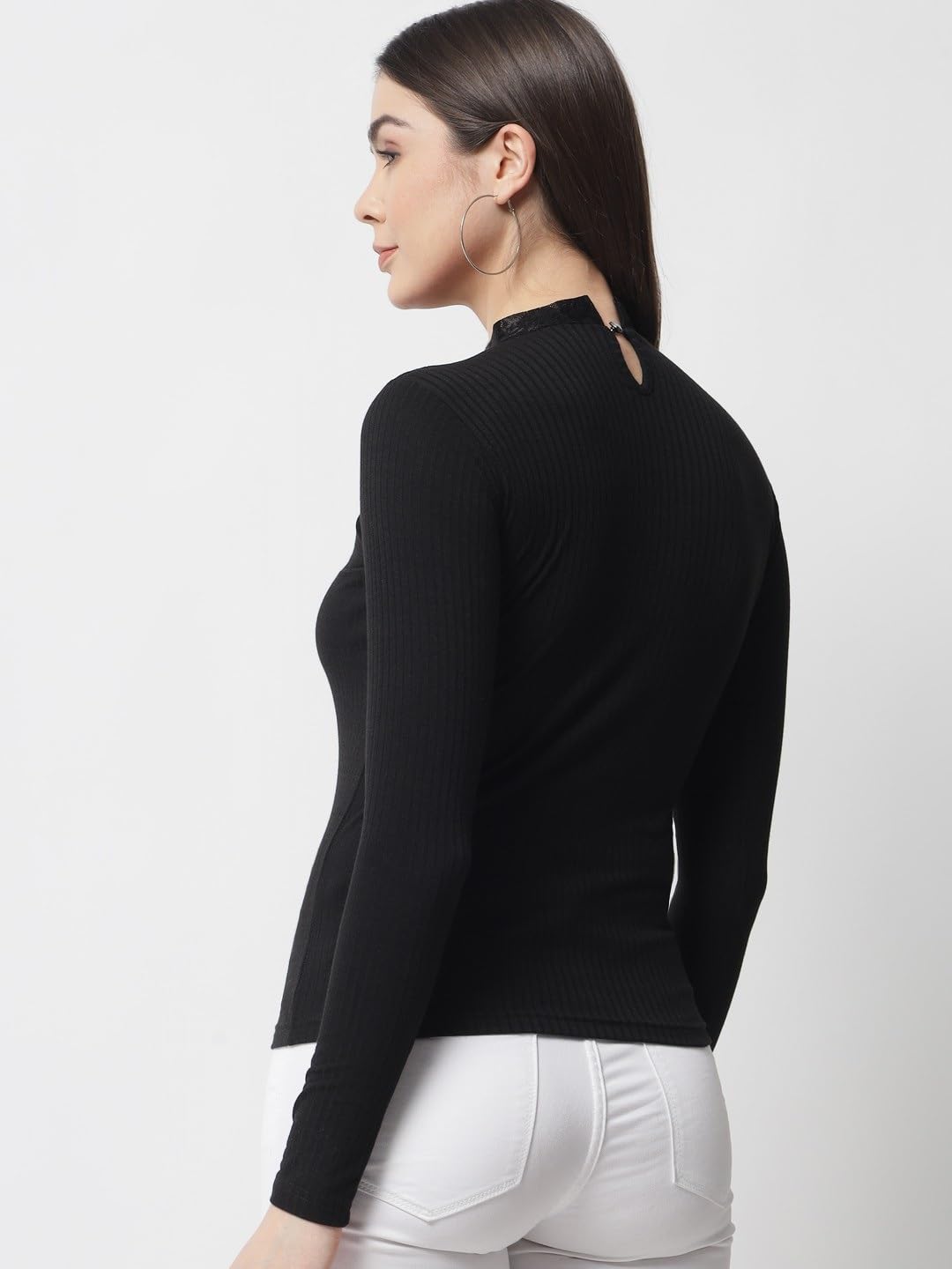 POPWINGS Women Casual Black Ribbed Net Top for Women || Turtle Neck Net Fabric Top for Women || Full Sleeves Tops for Women || L