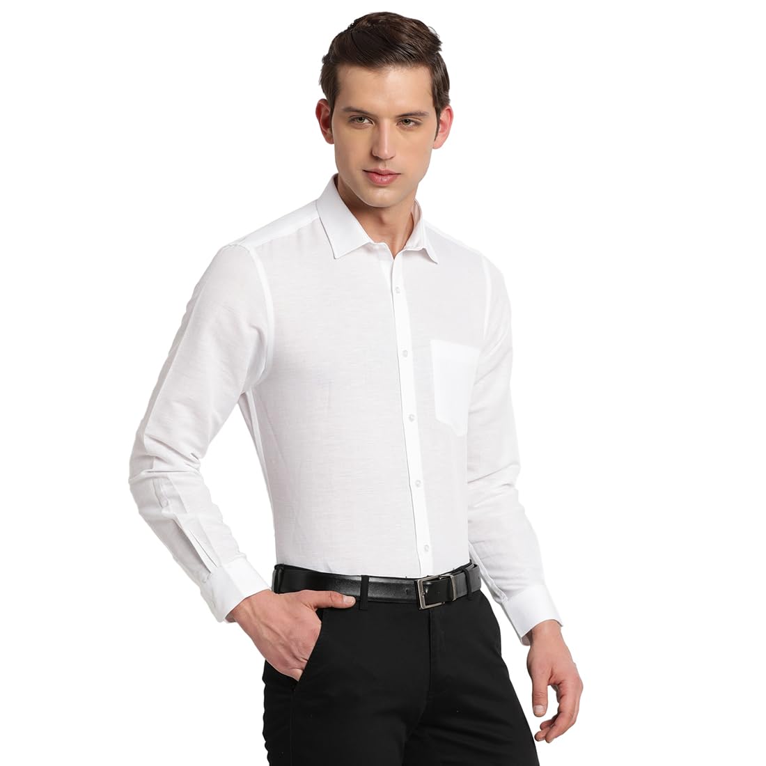 Turtle Men Cotton Linen Regular Fit Solid Full Sleeve Formal Shirt White