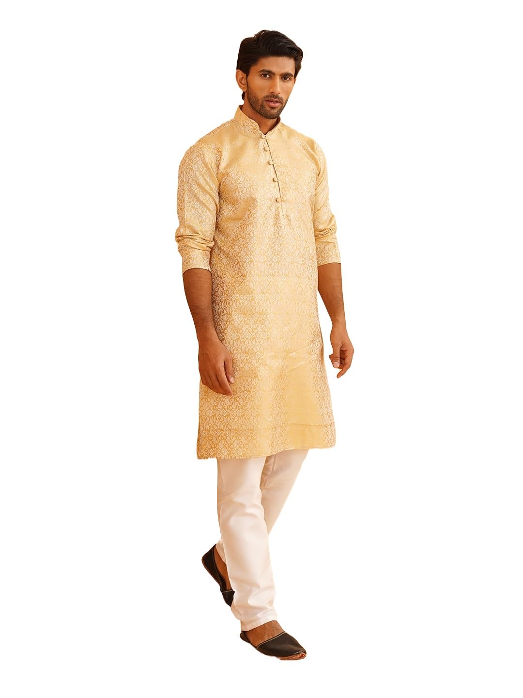 SOJANYA (Since 1958 Mens Beige Jacquard Silk Kurta & Churidaar Pyjama