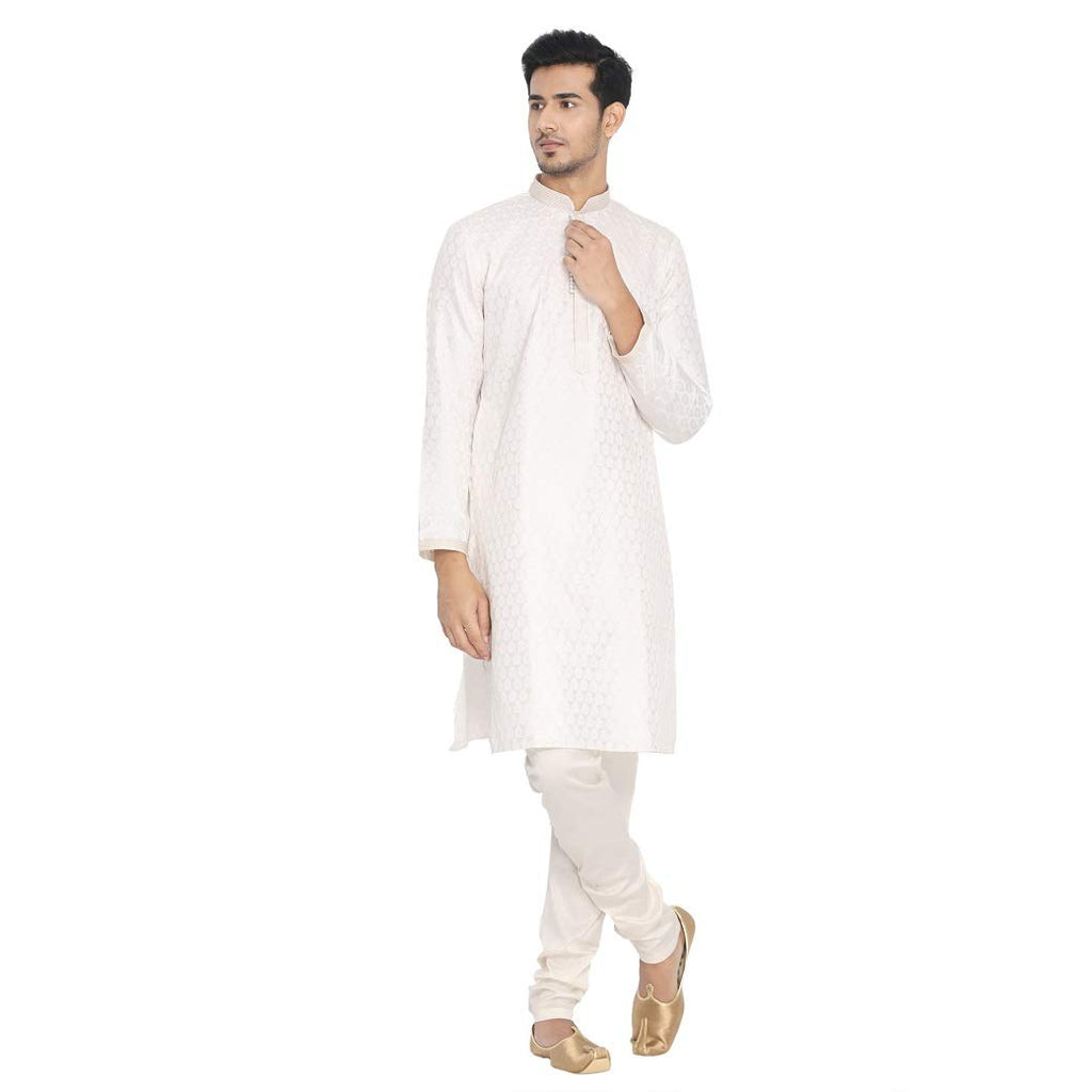 Manyavar Traditional Jacquard Print Kurta And Churidar Set For Men - (White, X-Large)