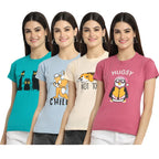 Preneum Womens Cotton Regular Fit Latest Graphic Stylish Printed Short Sleeves Casual T-Shirt || Latest Style (Pack 4), Blue & 