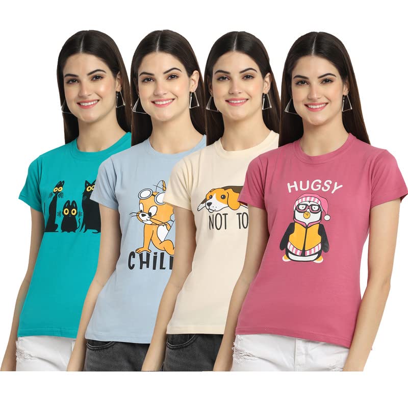 Preneum Womens Cotton Regular Fit Latest Graphic Stylish Printed Short Sleeves Casual T-Shirt || Latest Style (Pack 4), Blue & 