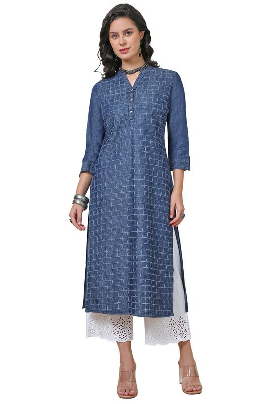 Soch Womens Indigo Checked Textured Cotton Blend Kurta