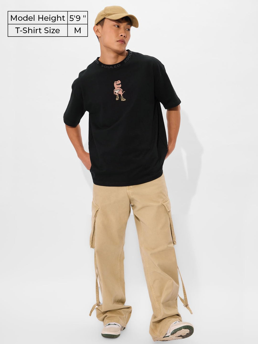 The Souled Store Tea-Rex Men and Boys Short Sleeves Round Neck Black Embroidered Cotton Oversized T-Shirts