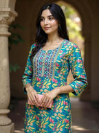 Rangita Women Teal Rayon Embroidered Straight Calf Length Kurta With Pant