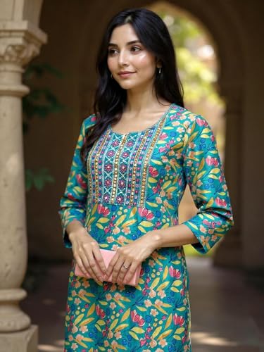 Rangita Women Teal Rayon Embroidered Straight Calf Length Kurta With Pant