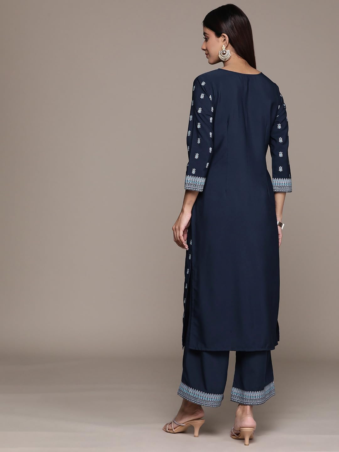 Ziyaa Women Women'S Navy Blue Crepe Straight Kurta And Palazzo Set