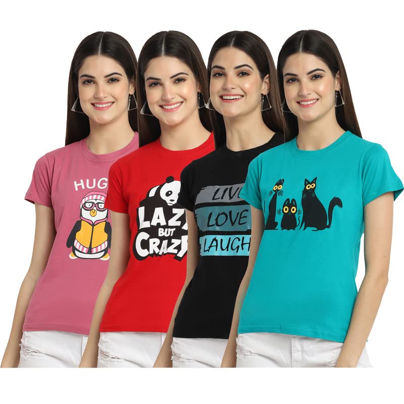 Preneum Womens Cotton Regular Fit Latest Graphic Stylish Printed Short Sleeves Casual T-Shirt || Latest Trendy & Styles (Pack 4