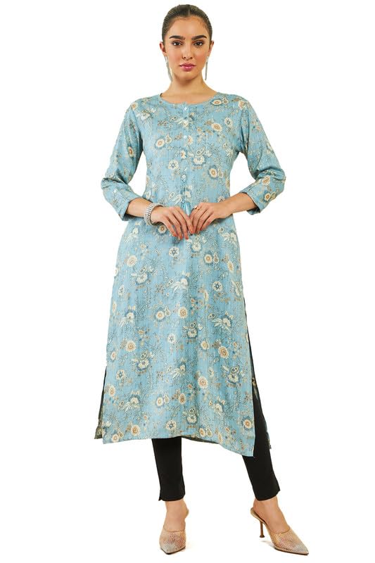 Soch Womens Powder Blue Rayon Floral Print Straight Kurta With Front Button Placket