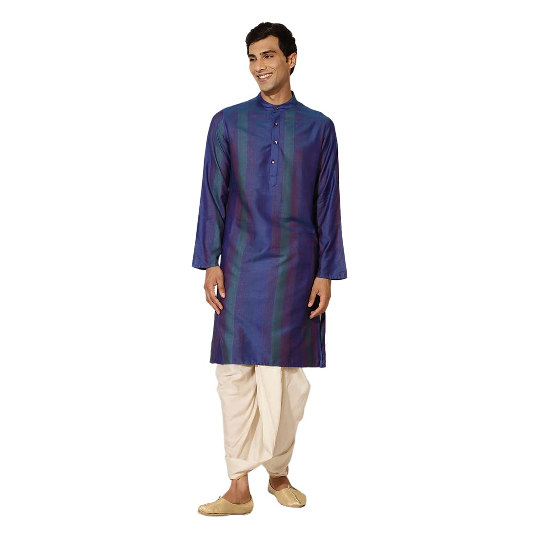 Fabindia Men Viscose Blend Slim Fit Striped Long Kurta Blue_M