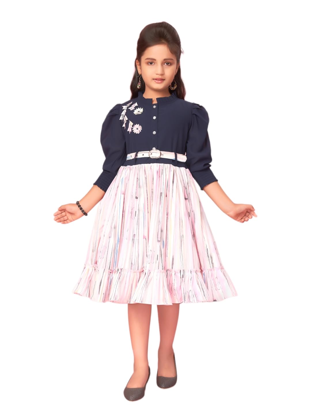 Aarika Baby-Girls Georgette Fit and Flare Knee-Length Dress (New_MD-42292- Pink-Navy Blue